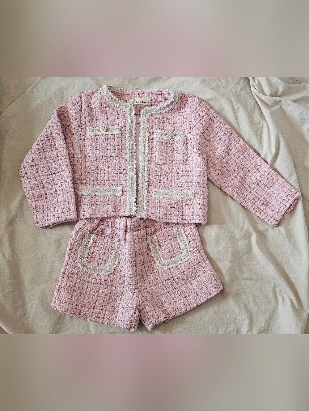 Doe A Dear Toddler Girls Pink Tweed Jacket and Shorts Set - Classic Two-Piece 4T